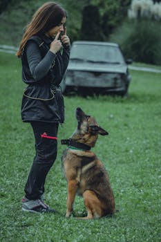 dog trainer doing dog training with German shepherd